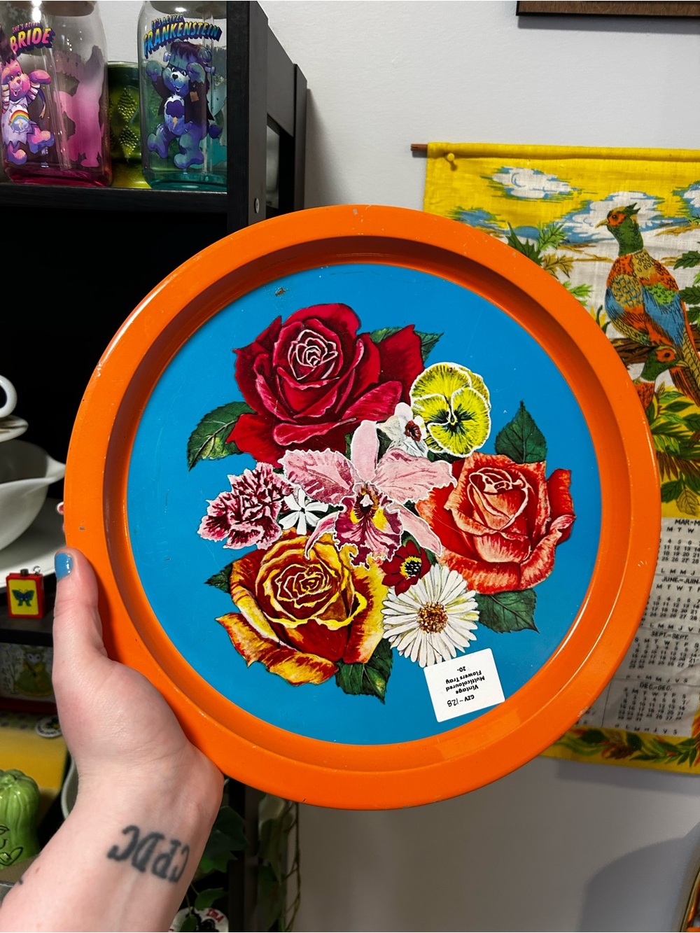Vintage Floral Round Tray in Bright Orange & Turquoise